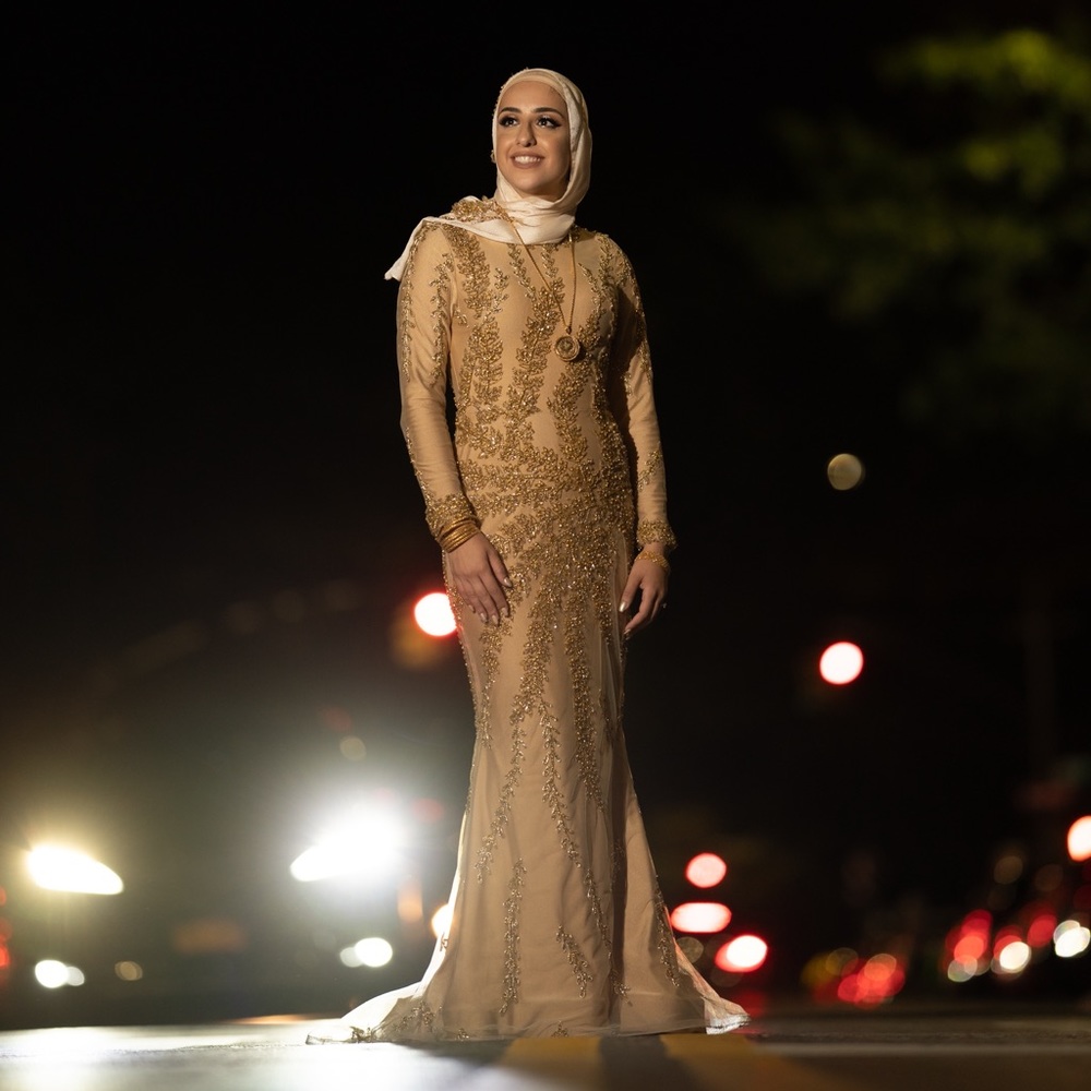 Beautiful two piece hand beaded ball gown dress in gold.
